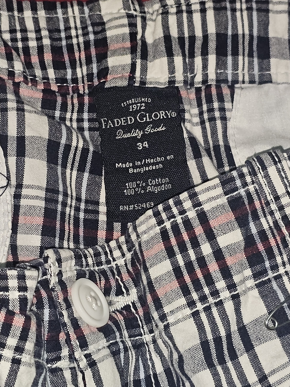 Faded Glory Black White Pink Plaid Cotton Shorts Mens Size 34